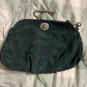 NICOLI Forest Green Suede Leather Turn-Key BOHO Embossed Chainlink Crossbody Bag